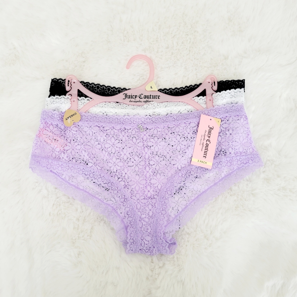 🪻JUICY COUTURE BRAND NEW 3-PACK LACE CHEEKY PANTIES SIZE L - Picture 1 of 5